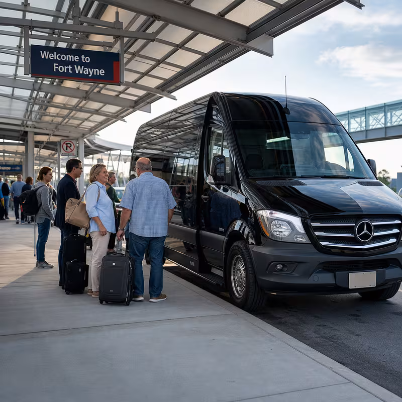 Group boarding a white charter bus for Airport Transportation transportation in Fort Wayne