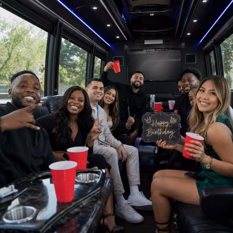 Black Mercedes Sprinter van staged for an Fort Wayne Birthday Transportation group