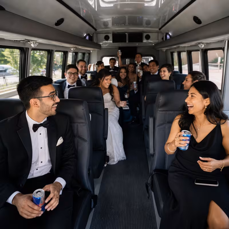 Group boarding a white charter bus for Wedding Transportation transportation in Fort Wayne