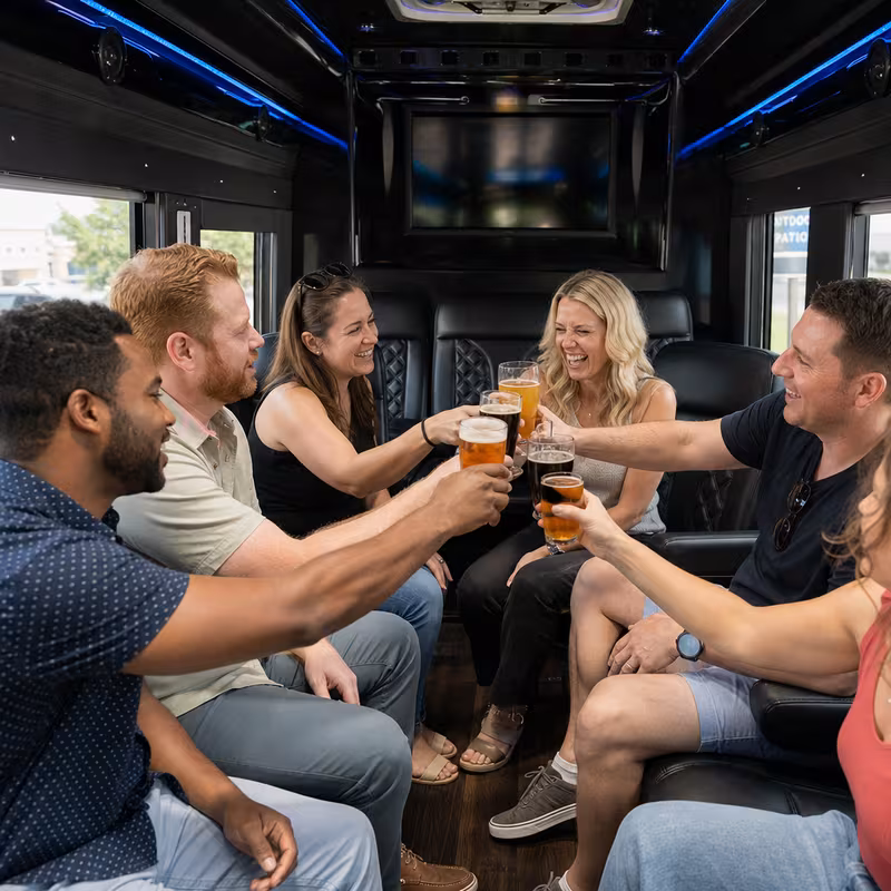 Group boarding a white charter bus for Winery & Brewery Tour Transportation transportation in Fort Wayne